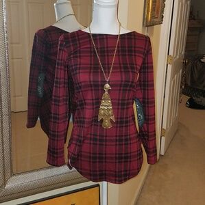 Red Plaid Elbow Patch Top Size S NWT